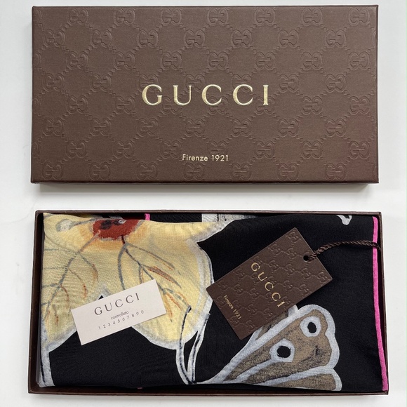 New Gucci Logo Kris Knight Butterfly Flora Black Silk Scarf with Gucci Gift Box